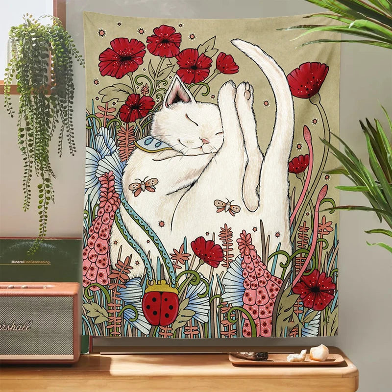 Cat Tapestry Botanical Flower Wall Hanging Cute cat Living Room Bedroom Home Decor Tapestry Art Wall Decoration Tapestries Art