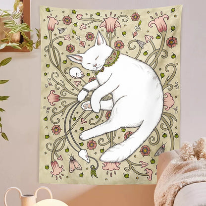 Cat Tapestry Botanical Flower Wall Hanging Cute cat Living Room Bedroom Home Decor Tapestry Art Wall Decoration Tapestries Art