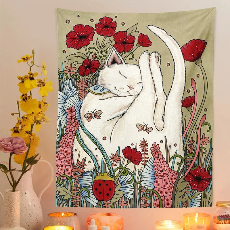 Cat Tapestry Botanical Flower Wall Hanging Cute cat Living Room Bedroom Home Decor Tapestry Art Wall Decoration Tapestries Art