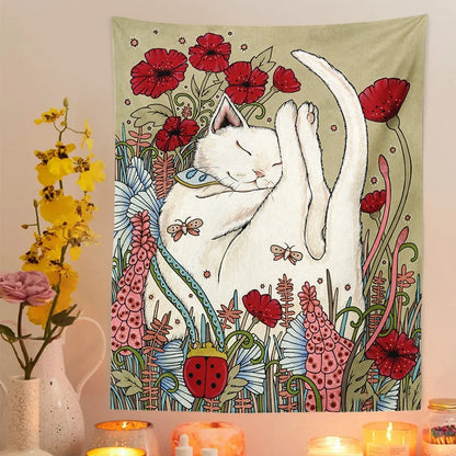 Cat Tapestry Botanical Flower Wall Hanging Cute cat Living Room Bedroom Home Decor Tapestry Art Wall Decoration Tapestries Art