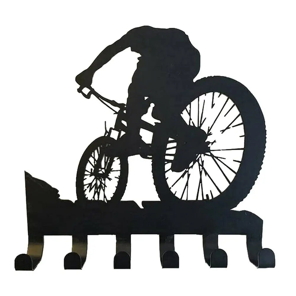 Mountain Bike 6-hooks Metal Wall Decor Mountain Biking Wall Art Bicycle Art Silhouette Wall Sticker Carved Black