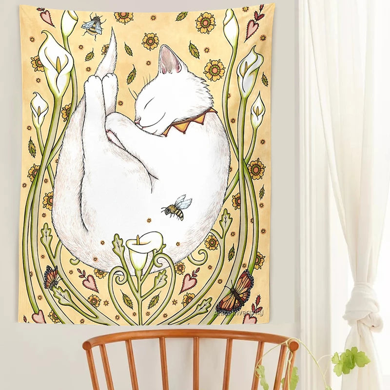 Cat Tapestry Botanical Flower Wall Hanging Cute cat Living Room Bedroom Home Decor Tapestry Art Wall Decoration Tapestries Art