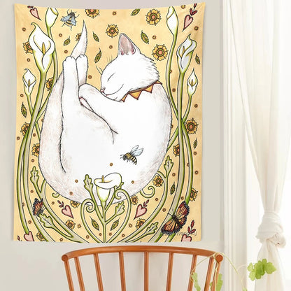 Cat Tapestry Botanical Flower Wall Hanging Cute cat Living Room Bedroom Home Decor Tapestry Art Wall Decoration Tapestries Art