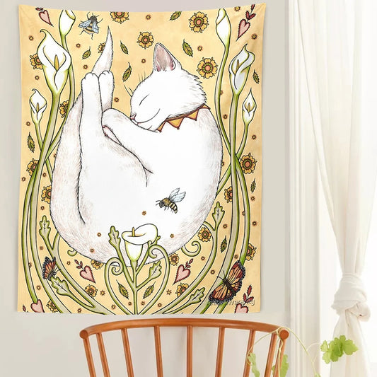 Cat Tapestry Botanical Flower Wall Hanging Cute cat Living Room Bedroom Home Decor Tapestry Art Wall Decoration Tapestries Art