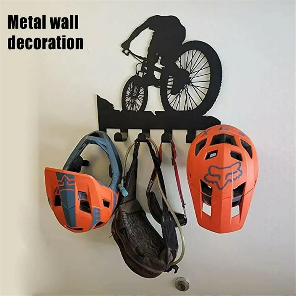 Mountain Bike 6-hooks Metal Wall Decor Mountain Biking Wall Art Bicycle Art Silhouette Wall Sticker Carved Black