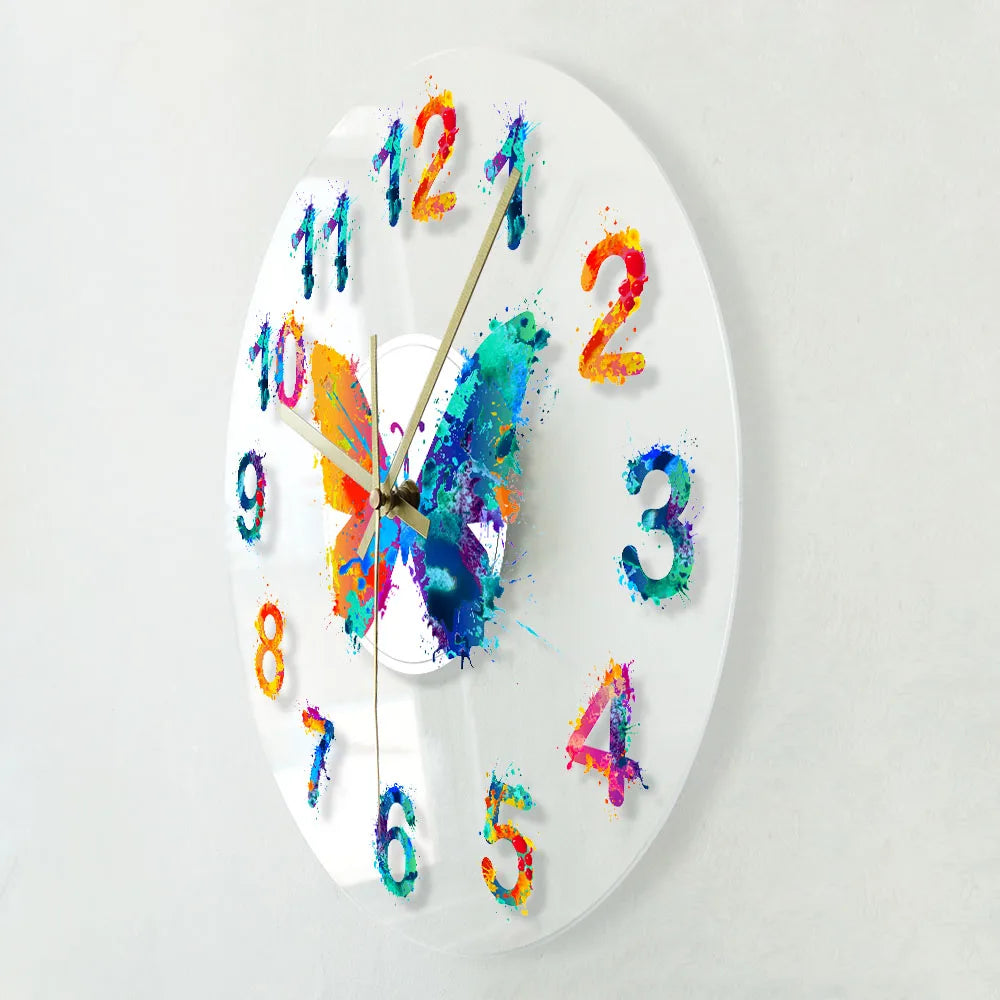 Colorful Numbers Modern Wall Clock Watercolor Butterfly Painting Art Hanging Timepiece Giclee Fine Art Print Silent Wall Clock