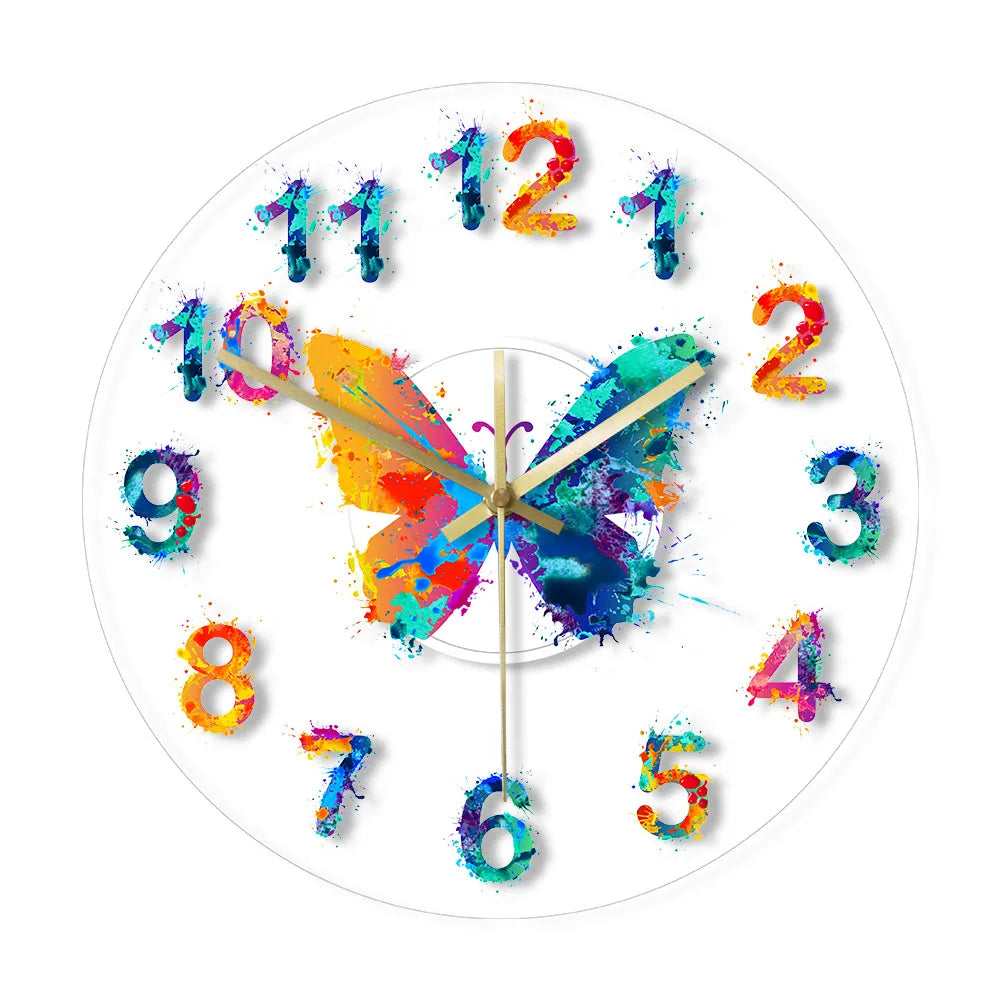 Colorful Numbers Modern Wall Clock Watercolor Butterfly Painting Art Hanging Timepiece Giclee Fine Art Print Silent Wall Clock