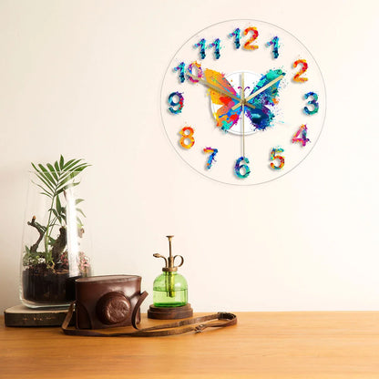 Colorful Numbers Modern Wall Clock Watercolor Butterfly Painting Art Hanging Timepiece Giclee Fine Art Print Silent Wall Clock