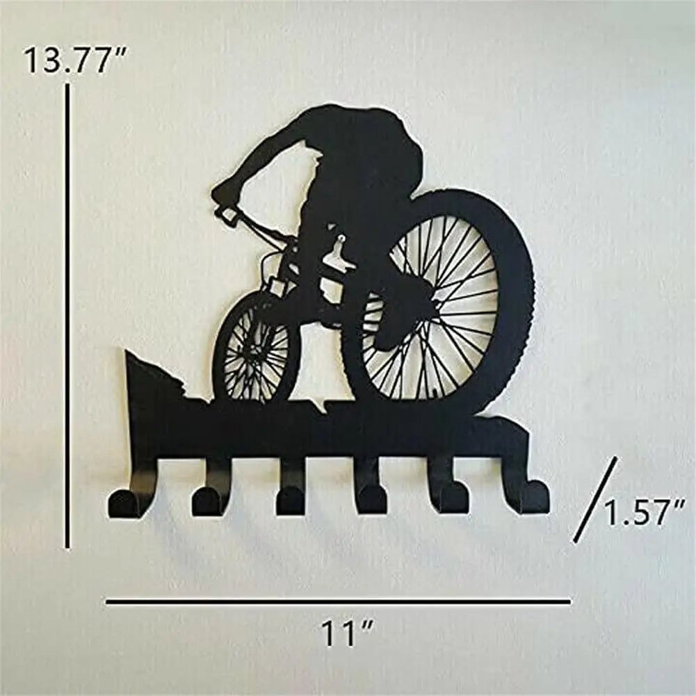 Mountain Bike 6-hooks Metal Wall Decor Mountain Biking Wall Art Bicycle Art Silhouette Wall Sticker Carved Black