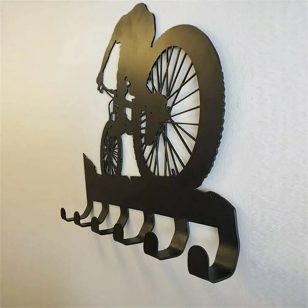 Mountain Bike 6-hooks Metal Wall Decor Mountain Biking Wall Art Bicycle Art Silhouette Wall Sticker Carved Black