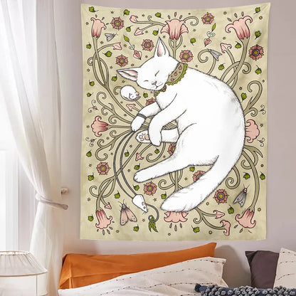 Cat Tapestry Botanical Flower Wall Hanging Cute cat Living Room Bedroom Home Decor Tapestry Art Wall Decoration Tapestries Art