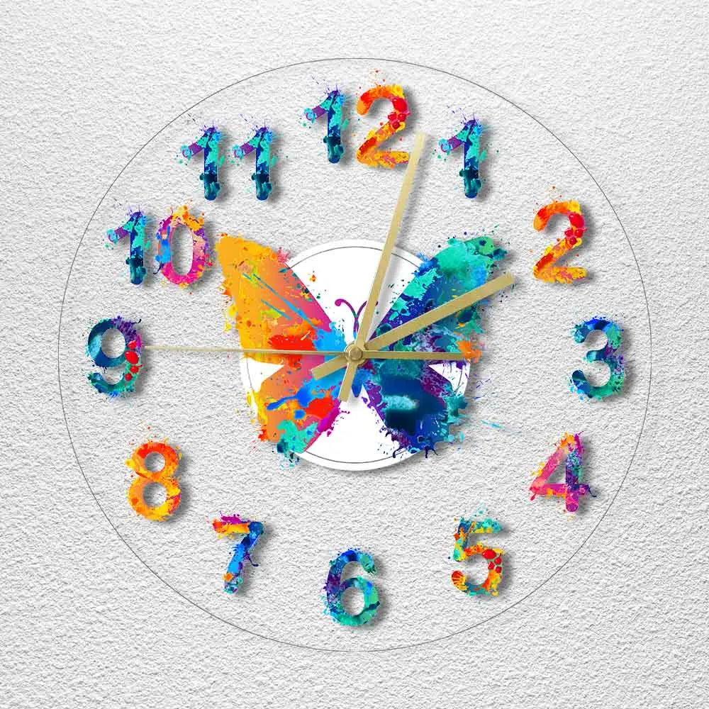 Colorful Numbers Modern Wall Clock Watercolor Butterfly Painting Art Hanging Timepiece Giclee Fine Art Print Silent Wall Clock