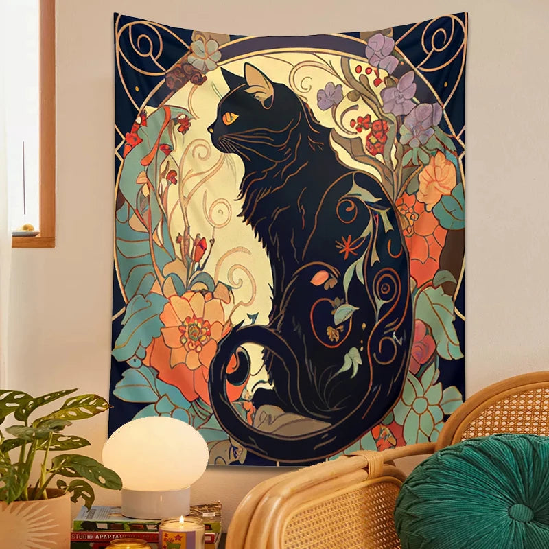 Psychedelic Black Cat Tapestry Wall Hanging Rose and Sunbeam Art Nouveau Floral Wall Art Animal Cat Lovers Gift Home Decor