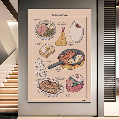 Studio Ghibli Treats Japanese Food Canvas Poster Ramen Horse Mackerel Toast Prints Pictures Wall Art Painting Kitchen Decor