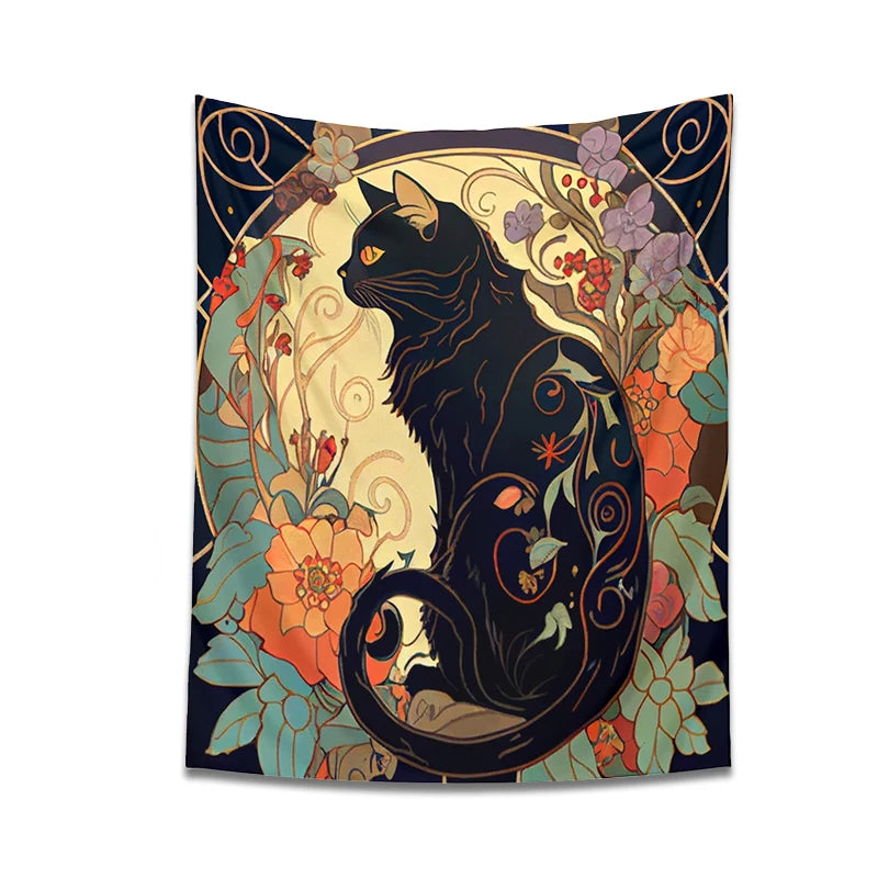 Psychedelic Black Cat Tapestry Wall Hanging Rose and Sunbeam Art Nouveau Floral Wall Art Animal Cat Lovers Gift Home Decor